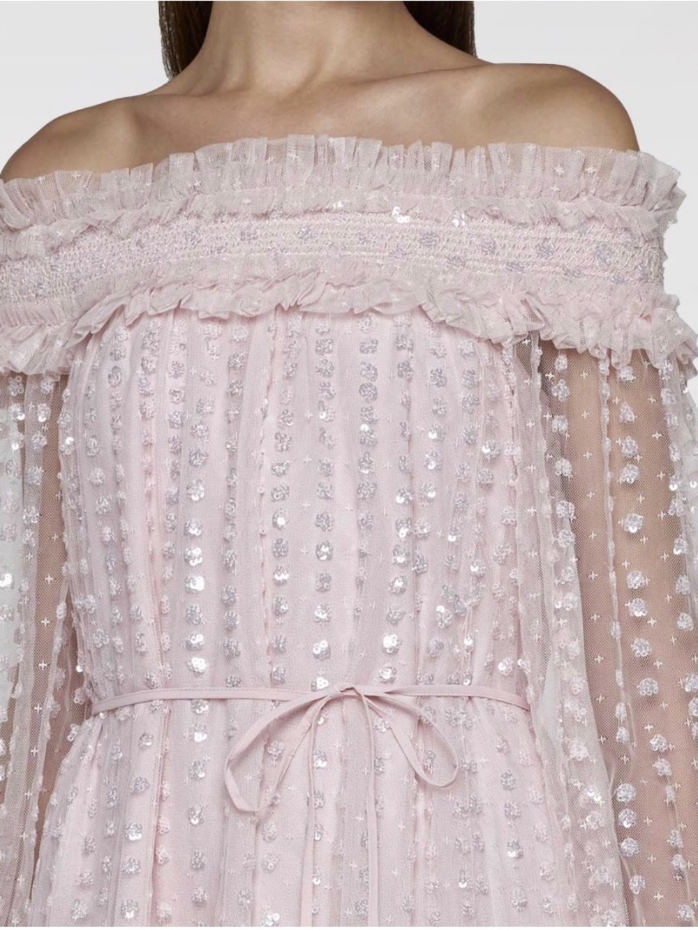 Needle & Thread Blush Pink Off-Shoulder Sequin Tulle Mini Dress